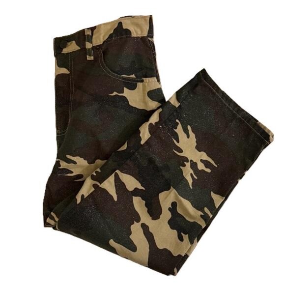 Bill Blass Green Camouflage Glitter Easy Fit Pants, Size 10 (30x22) - Picture 1 of 7